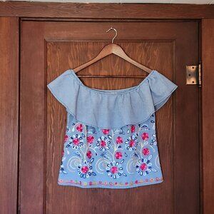 Skies are Blue Off the Shoulder Floral Embroidered Blouse